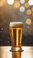 Golden beer glass on blurred background vertical