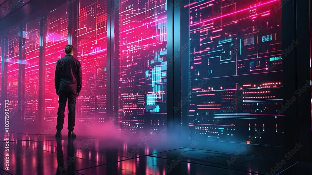 Poster A figure gazes at a series of illuminated screens filled with intricate data patterns in a high-tech space. The atmosphere is vibrant and engaging, evoking a sense of wonder.