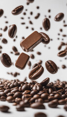 Obraz premium Milk chocolate bar and coffee beans floating in the air White or transparent background vertical