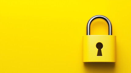 Bright yellow padlock symbolizing security, protection, and privacy against a clean yellow...