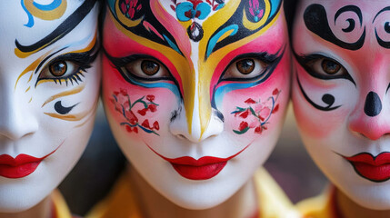 Chinese style face painting showcases vibrant colors and intricate designs, reflecting cultural heritage and artistic expression. striking features and detailed patterns evoke sense of tradition and
