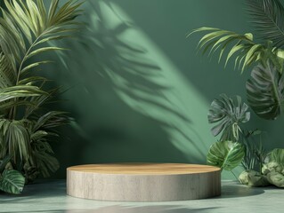 Minimalist Round Table Surrounded by Lush Tropical Foliage, Beauty Cosmetic Health Supplement product placement pedestal display