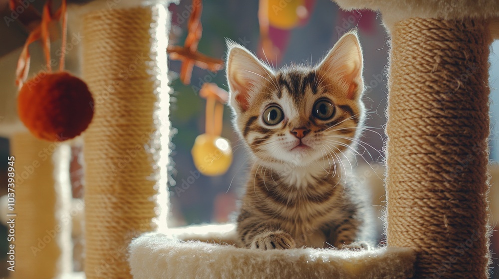Poster playful kitten in cozy cat tree setup