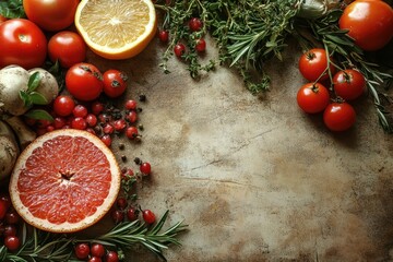 Colorful fruits and veggies beautifully arranged on a rustic wooden table for healthy meals