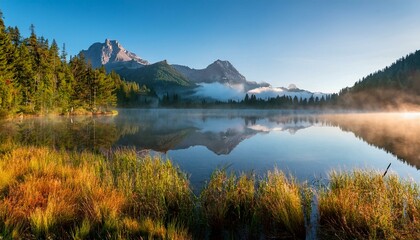 tranquil mountain lake with fog at sunrise