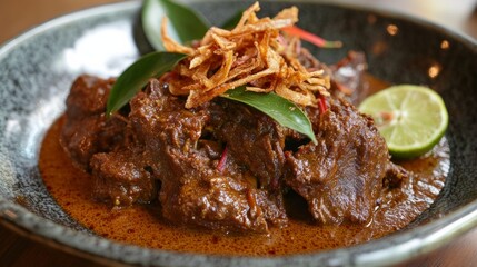 A mouthwatering plate of Indonesian rendang, slow-cooked beef in coconut milk and aromatic spices, Rendang plate centered