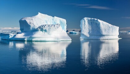 two large icebergs floating in calm water with reflections
