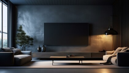 tv screen in modern interior with sofa in darkness 3d render