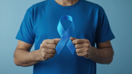 Fototapeta premium Person holding blue awareness ribbon.