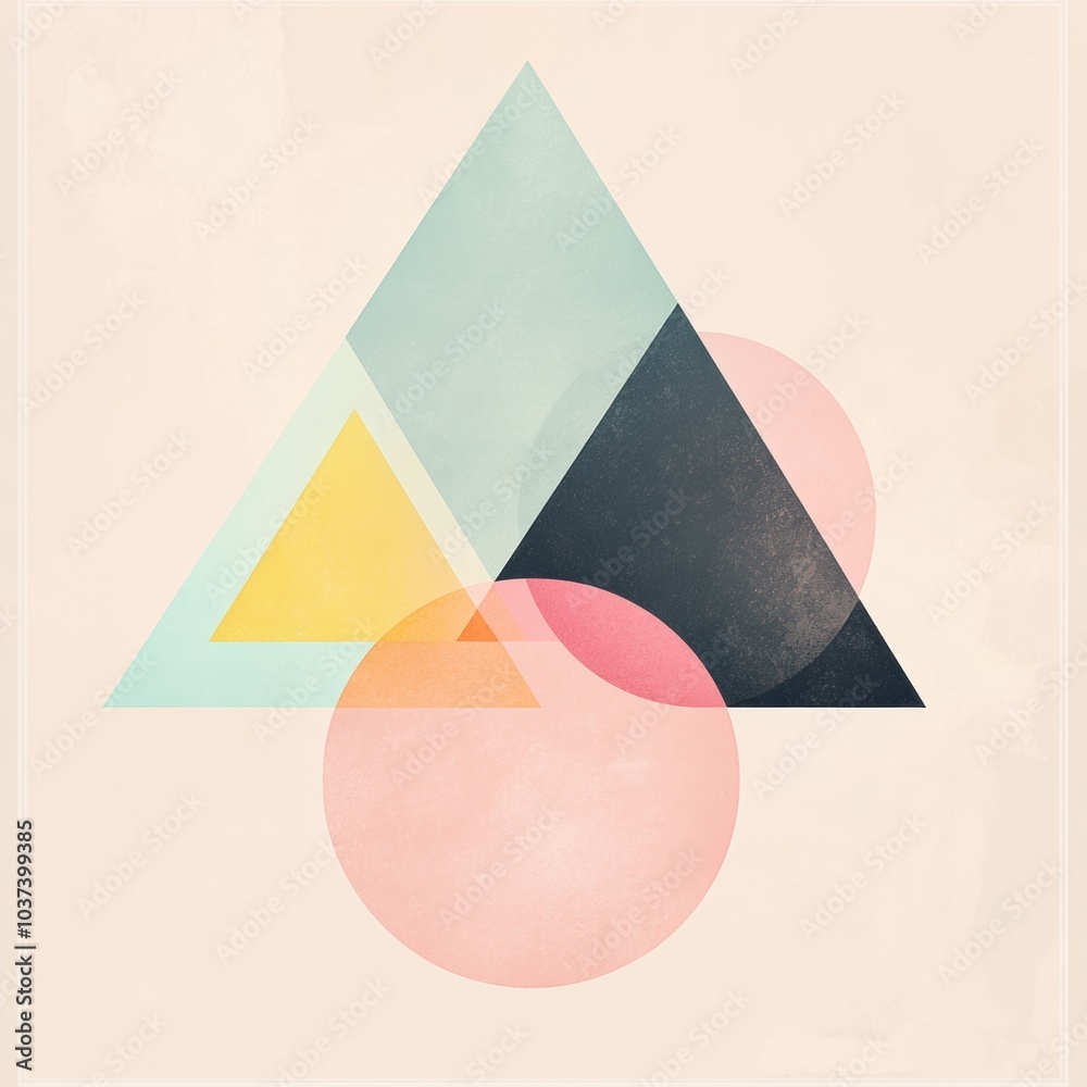 Poster An artistic arrangement of colorful circles and triangles creates a visually striking effect, enhancing any contemporary space with a soft touch. Generative AI