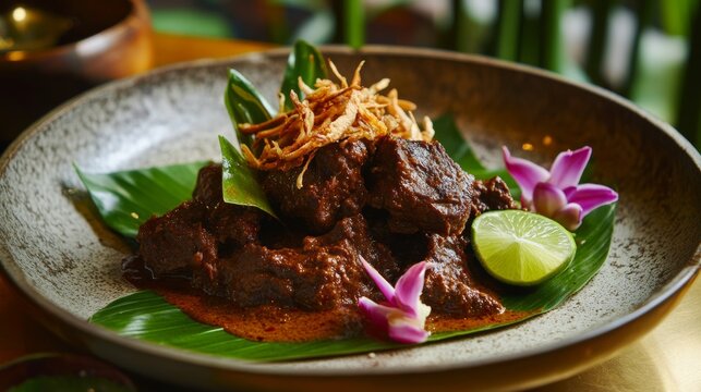 A mouthwatering plate of Indonesian rendang, slow-cooked beef in coconut milk and aromatic spices, Rendang plate centered