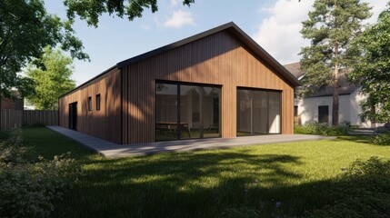 Modern Wooden House in a Backyard