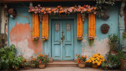 A charming blue door adorned with vibrant marigold garlands and colorful flowers