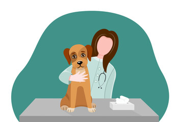 Vector illustration of a veterinary examination of a dog on a veterinary clinic table. Friendly doctors examining a dog. Veterinary ecialists in a pet clinic. Animal care concept. Vector illustration.