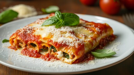 A mouthwatering plate of Italian cannelloni, pasta tubes filled with ricotta cheese and spinach, baked in marinara sauce and topped with melted mozzarella