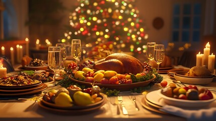 Naklejka premium A joyful Thanksgiving moment, with family toasting around a table full of delicious holiday dishes.