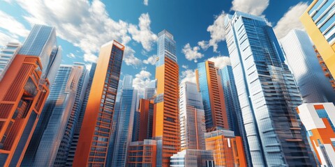 Obraz premium Modern city buildings with abstract shapes, drawn in 3D