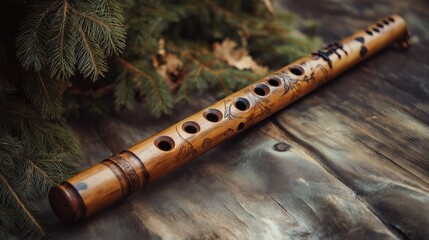 Naklejka premium traditional wooden flute with hand-carved details and a warm