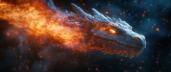 A fiery dragon head soaring through a dark, smoky background, exuding power and intensity.
