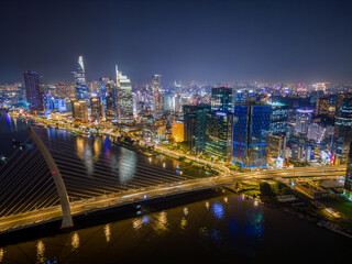 Fototapeta premium Aerial View of Ho Chi Minh City Skyline at Night, Vietnam