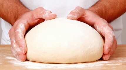 A baker's hands kneading fresh dough on a wooden table in a cozy kitchen, capturing the art of homemade bread preparation
