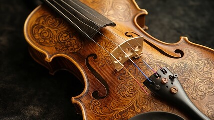 Fototapeta premium vintage violin with a golden hue and intricate carvings on its body, soft focus