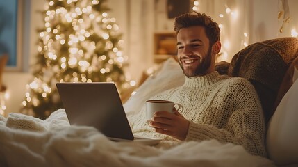 A man enjoying a warm cup of coffee, sitting on a bed with a laptop, smiling in a bright, cozy winter-lit room.