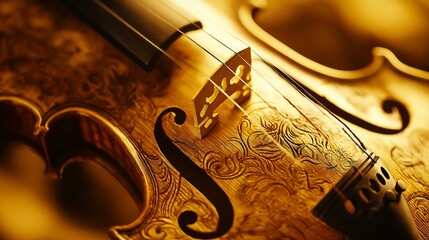 vintage violin with a golden hue and intricate carvings on its body, soft focus