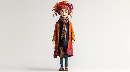 Fototapeta premium Character doll with exaggerated features and bright clothing, standing on a white background