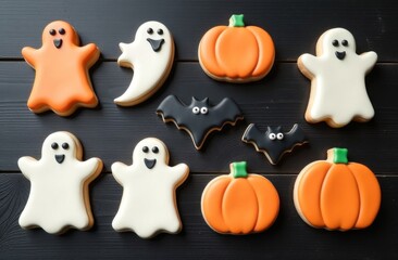 Halloween cookies in the form of pumpkins, ghosts, skeletons, bats on a black wooden table, handmade