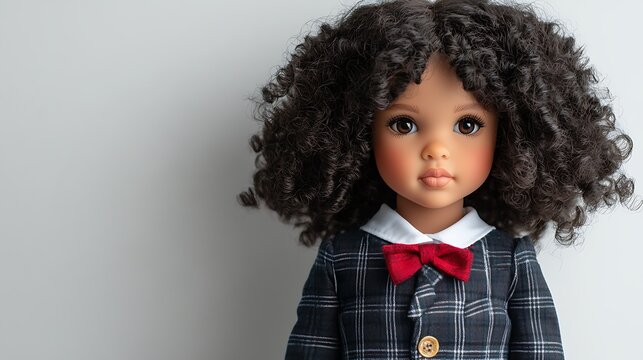 Doll with curly hair wearing a school uniform, standing on a white background