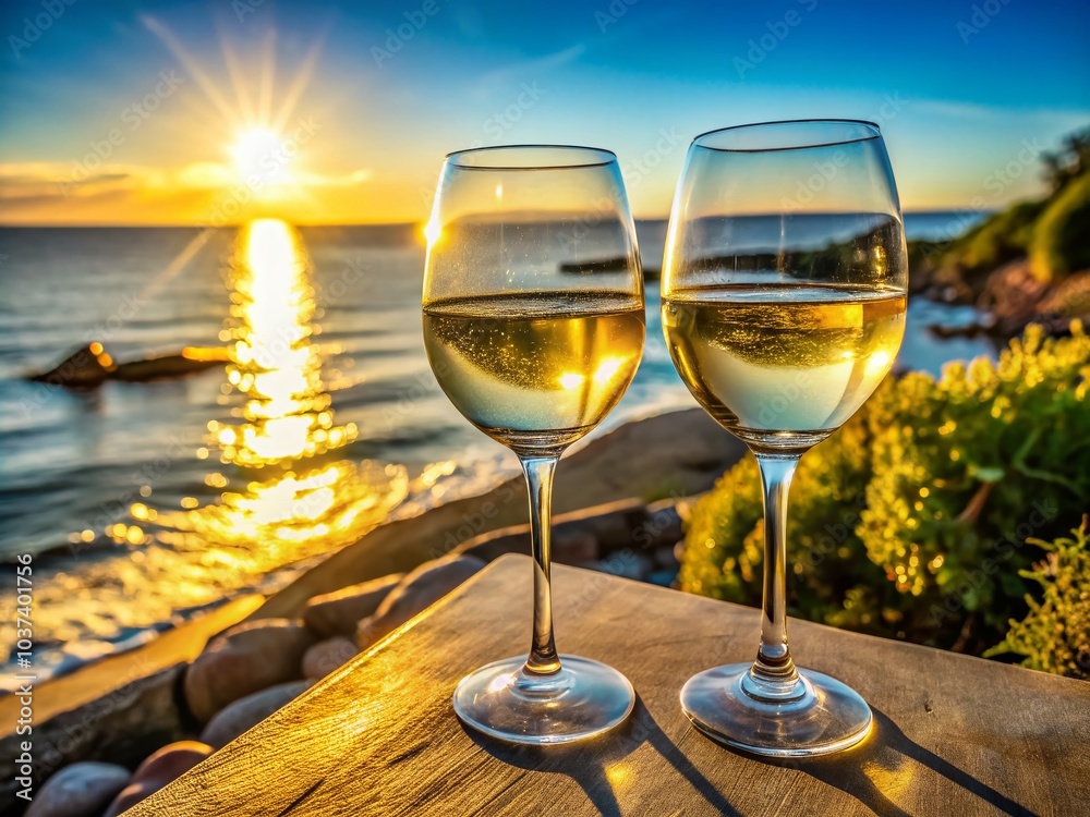 Wall mural toasting wine glasses at an outdoor bar with ocean view – celebrating moments in nature