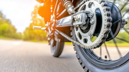 Fototapeta premium Detailed close-up of an electric motorcycle's rear wheel and chain in an urban landscape showcasing intricate design and craftsmanship