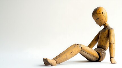 Wooden doll with jointed limbs, positioned in a sitting pose on a white background