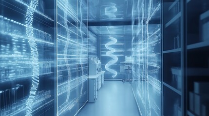Obraz premium Biotechnology lab with transparent digital screens displaying genetic data, modern research facility.