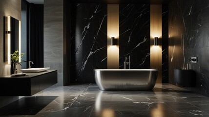 modern bathroom with a sleek, minimalist aesthetic. The walls are adorned with large black marble tiles, creating a dark, dramatic backdrop. A freestanding oval bathtub takes center stage in the space