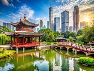 Fototapeta premium Traditional Chinese Garden with Pagoda and Red Bridge Amidst Modern Skyscrapers in Background