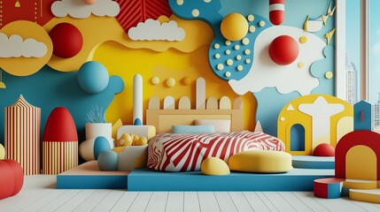 abstract shapes and playful colors, conjuring up the imagination of a child's bedroom