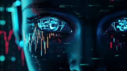 Obraz premium Abstract robot face with stock market charts reflected in its eyes.