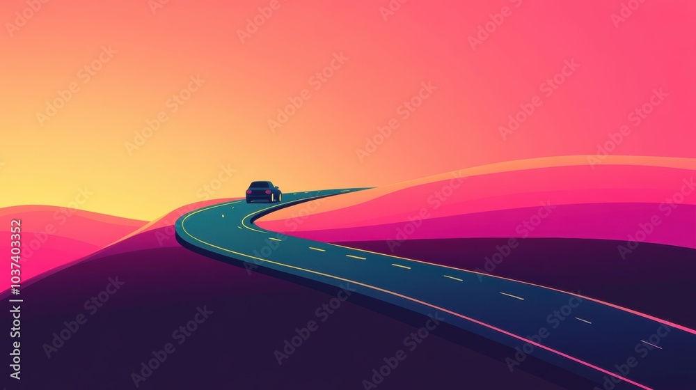 Aufkleber a small car travels along a curved road, surrounded by colorful hills at sunset that create a tranqu