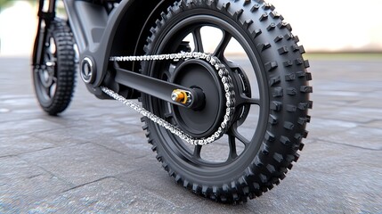 A close-up view of a reflective chrome chain and detailed sprockets on a sleek electric motorcycle set against a blurred urban backdrop