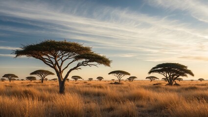 Obraz premium Acacia Trees in Golden Savannah Landscape