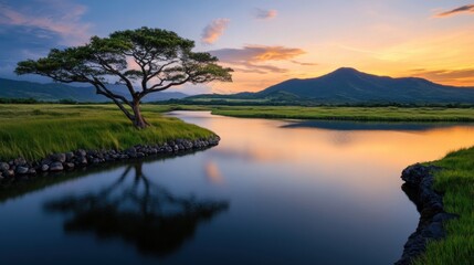Serene Sunset Over Tranquil River and Lush Landscape