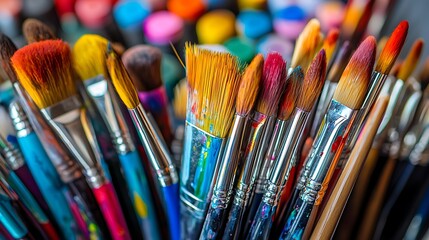 Fototapeta premium A vibrant collection of various paintbrushes arranged closely, showcasing diverse colors and shapes, ideal for artistry and creativity.