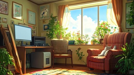 Fototapeta premium Cozy Home Office with Cat Napping in Armchair and Sunny Window View