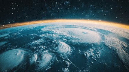 Fototapeta premium breathtaking view of swirling hurricanes over Earths surface, showcasing dynamic beauty of nature from space. vibrant colors and intricate cloud patterns evoke sense of awe and wonder