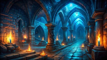 Underground Dungeons: Eerie Catacombs Illuminated by Blue Flames in a Fantasy Setting