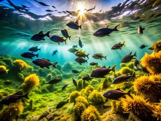 Fototapeta premium Underwater World: Silhouetted Fish and Algae on the Ocean Floor in Stunning Drone Photography