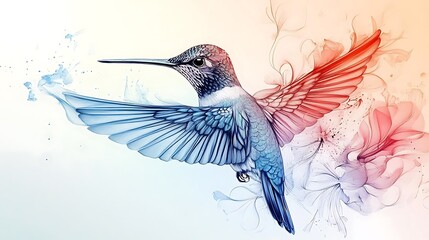 Obraz premium Hummingbird in Flight with Watercolor Flowers