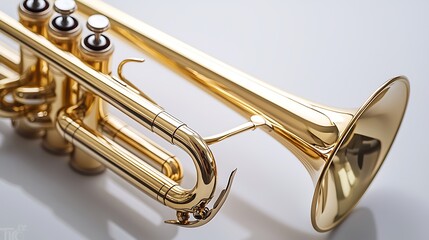 Fototapeta na wymiar A shiny, golden trumpet showcasing intricate details, perfect for musical performances and jazz compositions.